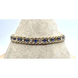 Vintage Gold Tone Chain Bracelet W/ Blue & Clear Rhinestones Double Strand Chain